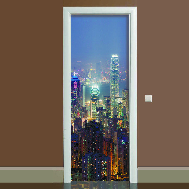 Наклейка на двері Нічний місто (повнокольоровий фотодрук плівка для дверей) ламінований подвійний 60х180 см