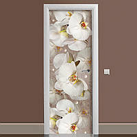 Наклейка на дверь Орхидея и капли росы ламинированная двойная (пленка фотопечать цветы белые) 60х180 см