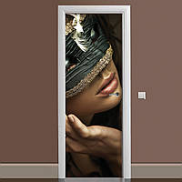 Наклейка на двері Маска подвійна ламінована (плівка дівчина в масці Венеція маскарад губи) 60х180 см