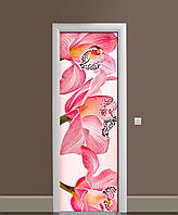 Вінілова наклейка на двері Королівські орхідеї (ламінована плівка ПВХ) рожеві квіти 60х180 см