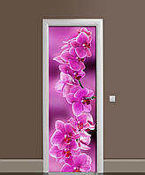 Вінілова наклейка на двері Гілка рожевих Орхідей (ламінована плівка ПВХ) квіти орхідеї 60х180 см