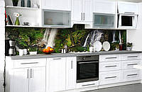 Виниловый кухонный фартук Лесной водопад 03 (наклейка для кухни ПВХ пленка скинали) лес Природа Зеленый