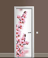 Наклейка на двері Рожеві квіти Вишні (плівка самоклейка ПВХ ламінована) сакура на білому тлі 60х180 см