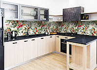 Кухонный фартук Тропический букет цветы виниловый (ПВХ наклейка пленка скинали для кухни) зеленый 60х200 см
