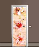ПВХ наклейка на двери Цветы Лотоса (пленка самоклеющаяся ламинированная ПВХ) водяные лилии Бежевый 60х180 см