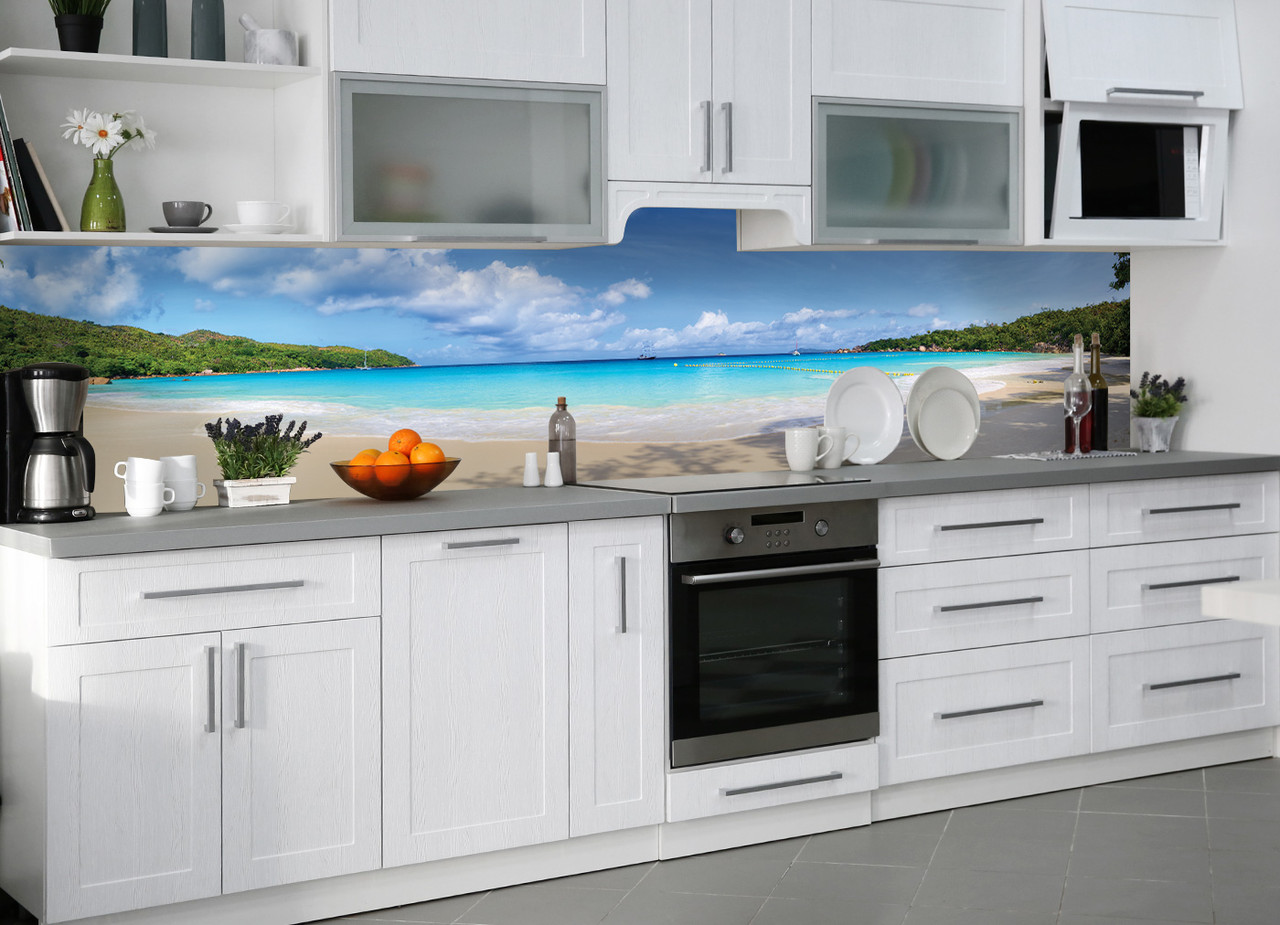 Кухонний фартух вініловий Тропічний пляж Баунті (ПВХ наклейка плівка скіналі для кухні) блакитний 60х200 см