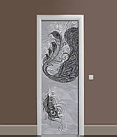 Виниловая 3Д наклейка на дверь Перо Павлина (ПВХ пленка) перья Абстракция Серый 60х180 см