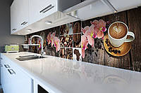 Кухонний фартух самоклеючий Орхідеї і Солодощі 02 (скіналі для кухні наклейка ПВХ) дошки кави 60х200 см