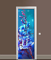 Вінілова 3Д наклейка на двері Сині відблиски (ПВХ плівка) орхідеї Квіти 60х180 см