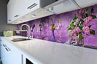 Кухонний фартух самоклеючий Бузок Акварель (скіналі кухні наклейка ПВХ букети фарби фіолетовий 60х200 см