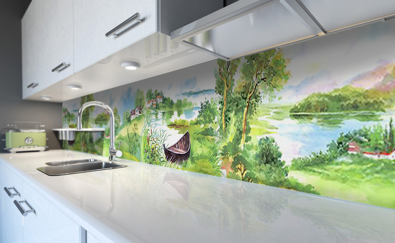 Вініловий кухонний фартух Зелена Річка Акварель (наклейка для кухні ПВХ плівка скіналі) дерева озеро Природа