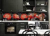 Кухонний фартух самоклеючий Червоні півонії 02 (скіналі для кухні наклейка ПВХ) квіти чорний 60х200 см