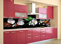 Кухонний фартух самоклеючий Кава і Орхідеї (скіналі для кухні наклейка ПВХ) натюрморт чорний 60х200 см