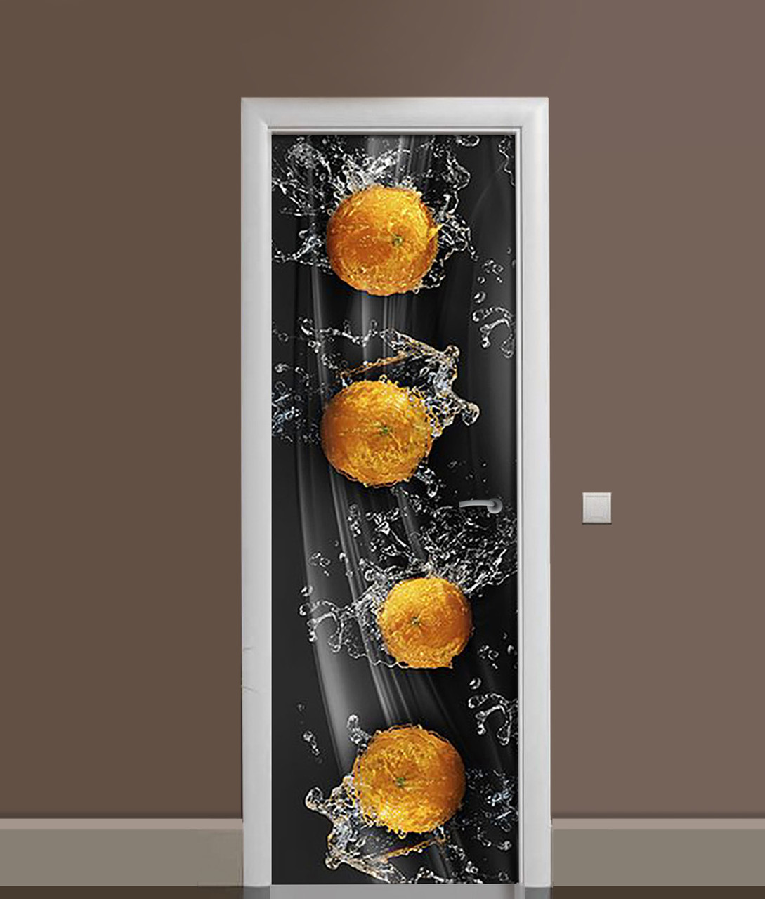 3Д наклейка на двері Мандарини Бризки (вінілова плівка ПВХ) вода цитруси Фрукти Чорний 60х180 см