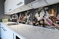 Кухонный фартук самоклеющийся Аристократические пионы (скинали для кухни наклейка ПВХ) цветы серый 60х200 см