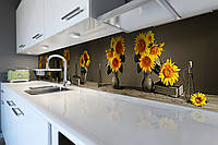 Кухонный фартук самоклеющийся Подсолнухи букет (скинали для кухни наклейка ПВХ) цветы желтый 60х200 см