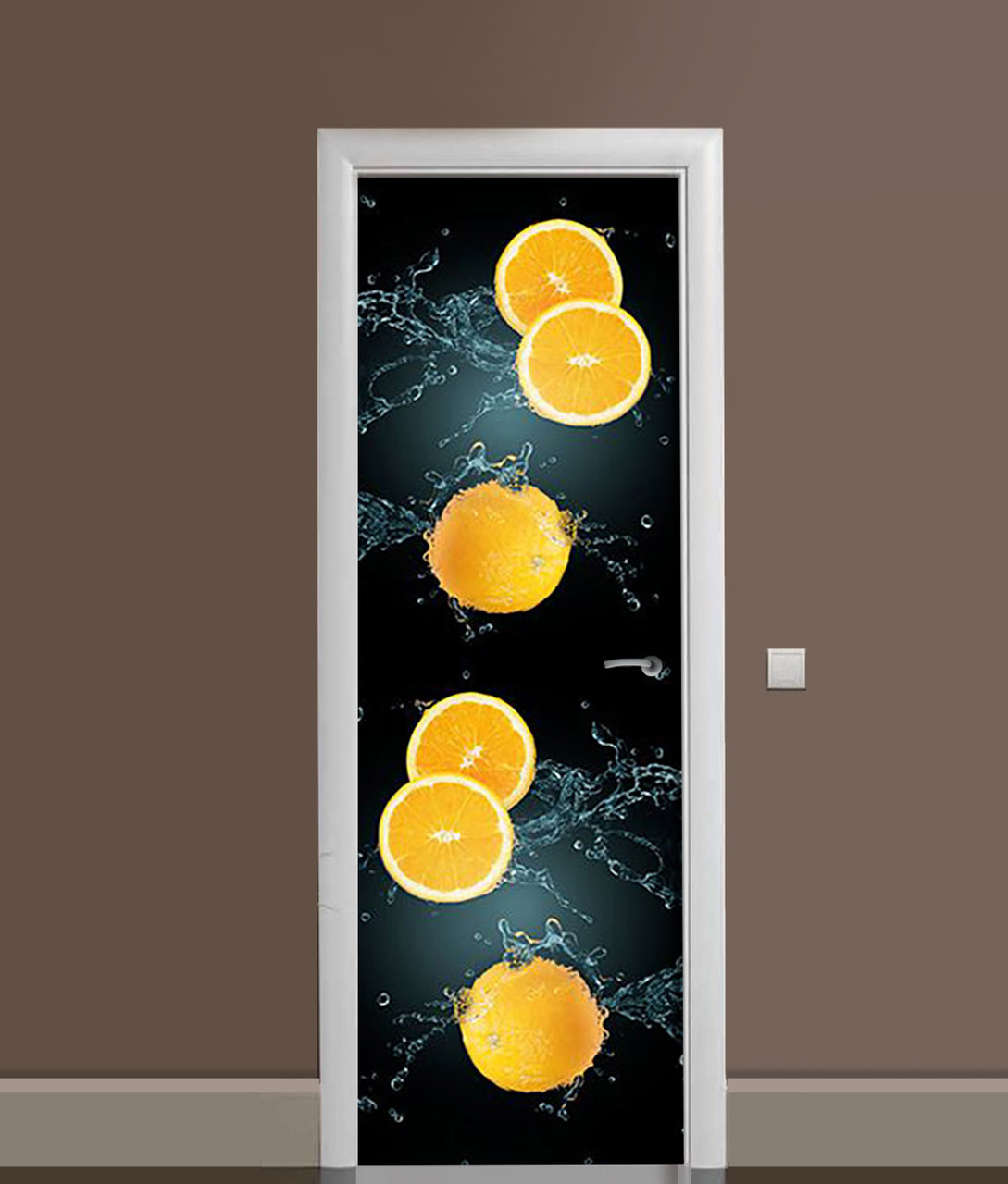 Декоративна 3Д наклейка на двері Апельсини на чорному тлі (вінілова плівка ПВХ) Фрукти 60х180 см