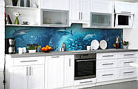 Вініловий кухонний фартух Акули (наклейка для кухні ПВХ плівка скіналі) море підводний світ Риби Блакитний