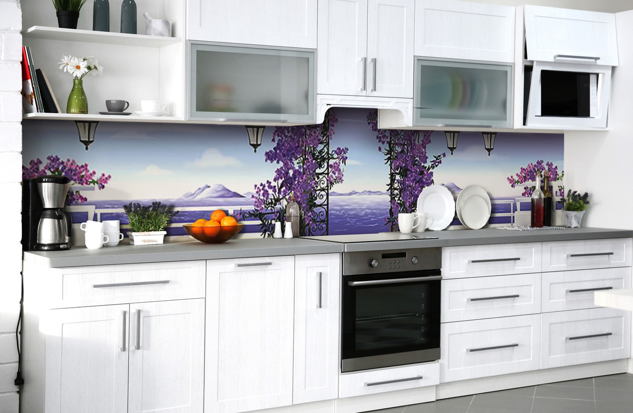 Вініловий кухонний фартух Тераса біля моря (наклейка для кухні ПВХ плівка скіналі) квіти Море Фіолетовий