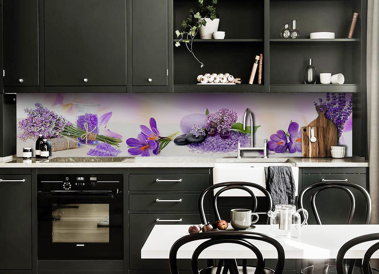 Кухонний фартух Фіолетові квіти (скіналі для кухні наклейка ПВХ) лаванда бузок крокуси 60х200 см
