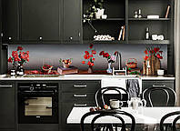 Кухонный фартук самоклеющийся Маки и Вишни (скинали для кухни наклейка ПВХ) Натюрморт цветы Серый 60х200 см