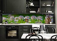 Кухонный фартук Полевые цветы (скинали для кухни наклейка ПВХ) бабочка луг Зеленый 60х200 см