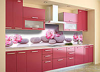 Кухонный фартук Серые камни (скинали для кухни наклейка ПВХ) розовые Цветы Белый 60х200 см