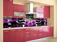 Кухонний фартух Фіолетові орхідеї (скіналі для кухні наклейка ПВХ) Квіти камені Чорний 60х200 см