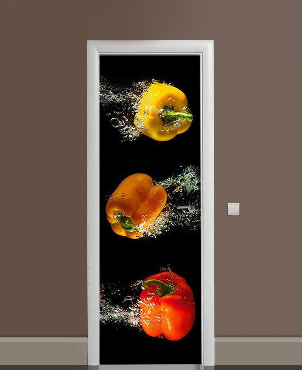 Декоративна наклейка на двері Яскраві Перці в воді ПВХ плівка з ламінуванням 60х180см Їжа Чорний
