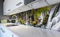 Виниловый кухонный фартук Водопад горный (наклейка для кухни ПВХ пленка скинали) Природа Зеленый