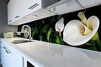 Кухонный фартук Белые Каллы (скинали для кухни наклейка ПВХ) цветы пальмы Зеленый 60х200 см