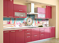 Кухонный фартук Розовое настроение (скинали для кухни наклейка ПВХ) часы книги цветы Голубой 60х200 см