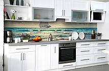 Вініловий кухонний фартух Морські хвилі (наклейка для кухні ПВХ плівка скіналі) корабель Море Синій