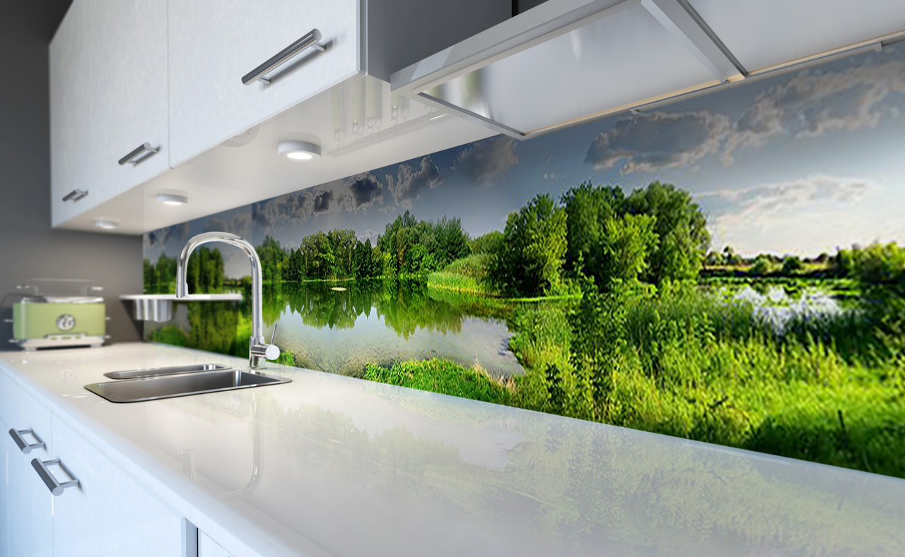 Вініловий кухонний фартух Літній Озеро (наклейка для кухні ПВХ плівка скіналі) Природа Зелений