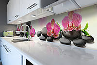 Кухонный фартук Орхидеи на Камнях (скинали для кухни наклейка ПВХ) черные камни цветы Розовый 60х200 см