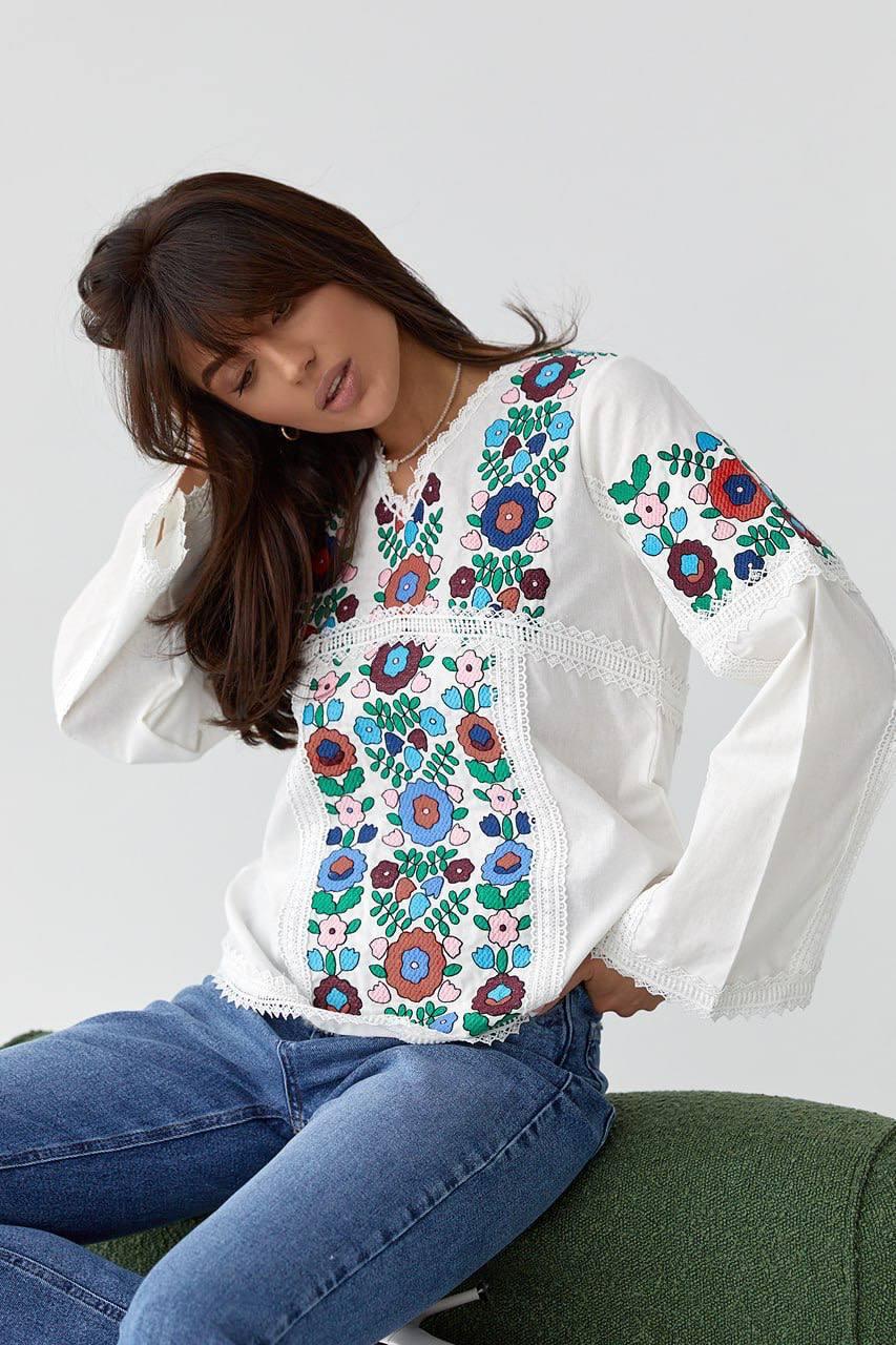 Жіноча яскрава блуза вишиванка з орнаментом різнобарвним і довгими рукавами (р. 42-46) 82131031