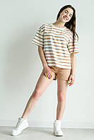 Комплект для девочки на лето белая футболка коричневая полоска и короткие шорты цвета капучино 140