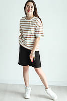 Комплект для девочки на лето белая футболка коричневая полоска и удлиненные шорты черного цвета