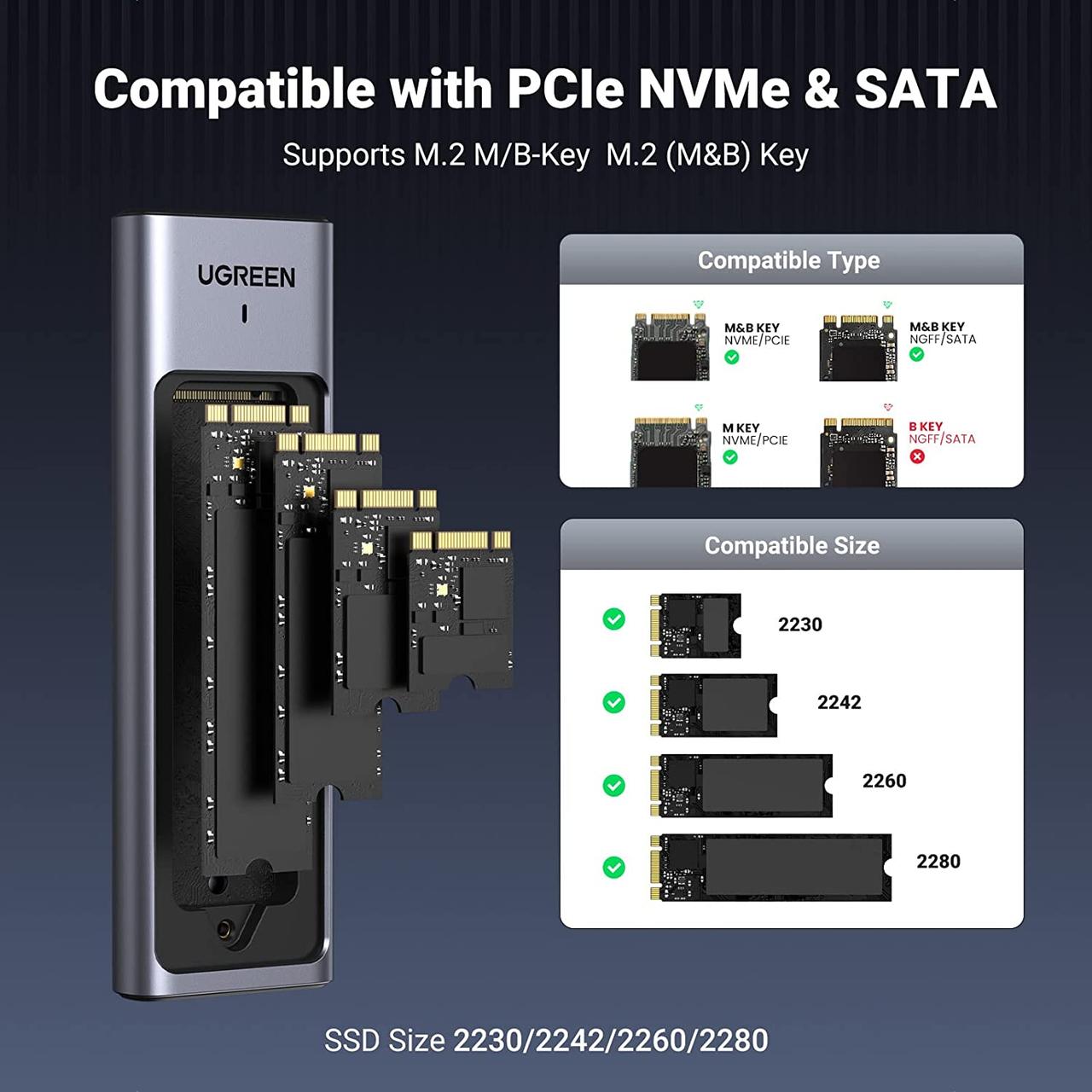 Внешний корпус UGREEN карман для жесткого диска M.2 NVMe SATA SSD алюминиевый 10 Гбит/с USB 3.2 Gen2 (CM559) - фото 5 - id-p1876079226