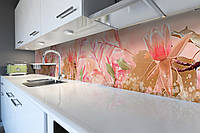 Вініловий кухонний фартух Рожеві Магнолії (скиналі для кухні наклейка ПВХ) рослинна Абстракція 600*2000