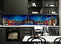 Виниловый кухонный фартук Радужный город (скинали для кухни наклейка ПВХ) ночные небоскребы Синий 600*2000 мм