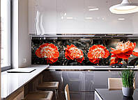 Кухонный фартук Красные пионы (наклейки пленка для кухни красные цветы на черном фоне 3Д цветы) 600*2000мм