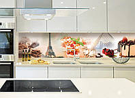 Кухонный фартук Сладости в Париже (наклейки пленка для кухни Франция Эйфелева башня пирожное Лувр) 600*2000мм