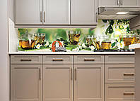 Кухонний фартух Жасмин (вінілова наклейка на стінову панель скіналі чай чаювання зелений затишок) 600*2000 мм