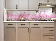 Кухонный фартук Луг (виниловая наклейка на стеновую панель скинали пленка цветы трава винтаж розовый) 600*2000