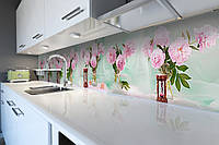 Кухонный фартук Пышные Розовые Пионы (виниловая пленка наклейка скинали ПВХ) цветы букеты Зеленый 600*2000 мм