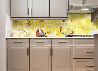 Кухонний фартух Ніжні орхідеї (наклейка вінілова скіналі для кухні самоклеюча плівка) жовтий 600*2000 мм