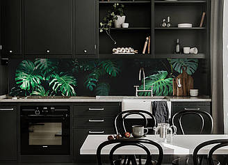 Кухонний фартух Листя Монстерри (наклейка вінілова скіналі для плівка кухня) рослини зелений 600*2000 мм