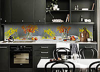 Виниловый кухонный фартук Яблоки и Орхидеи (скинали для кухни наклейка ПВХ) цветы натюрморт Желтый 600*2000 мм