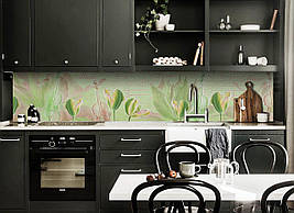 Вініловий кухонний фартух Зелені Тюльпани Плівка самоклеюча ПВХ квіти скрипка написи 600*2000 мм